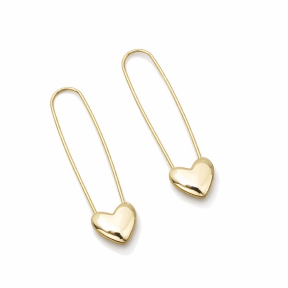 New! Gold Heart Safety Pin Earrings 24k Gold Plated